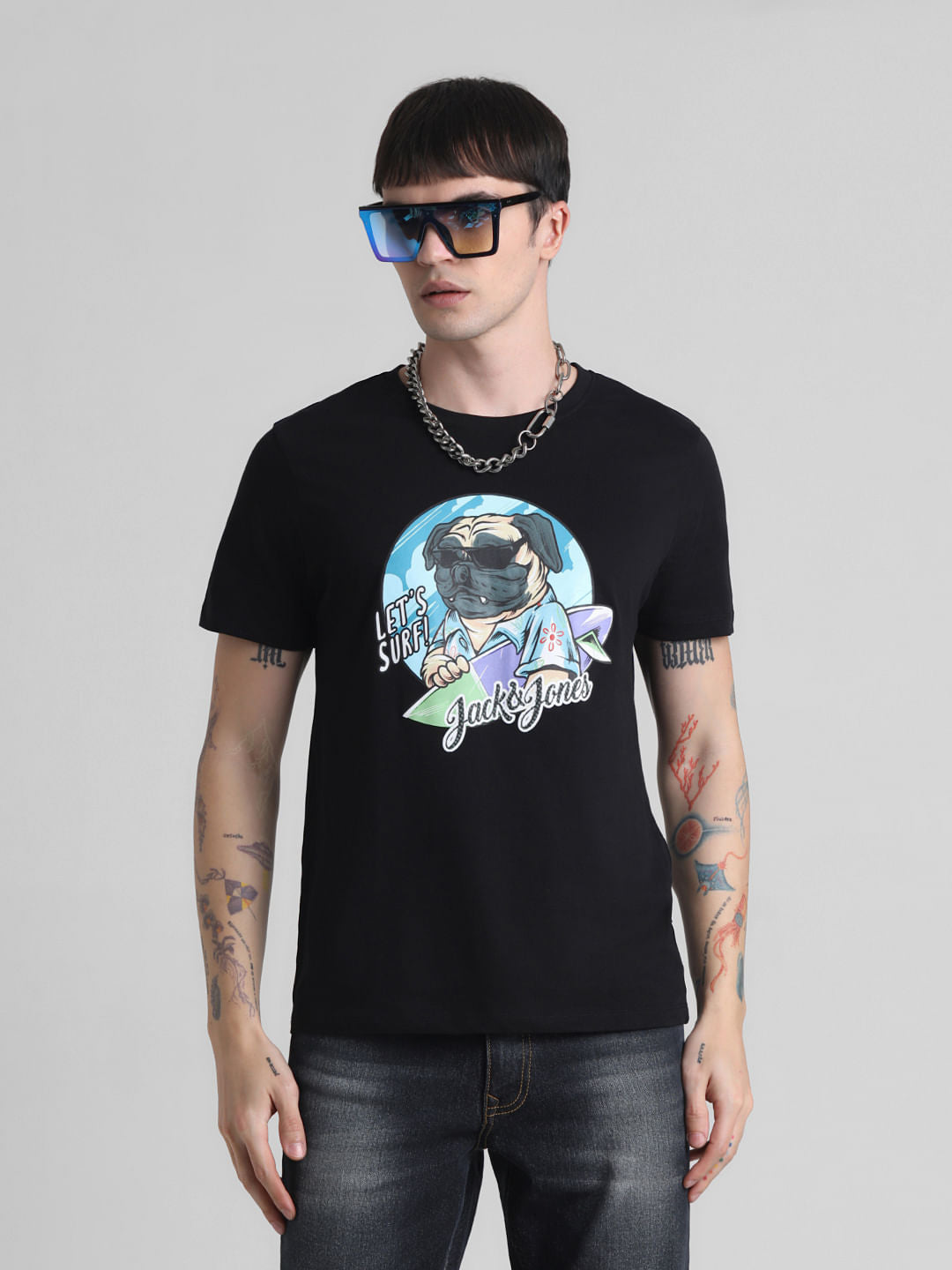 Black Doggo Print Crew Neck T-shirt