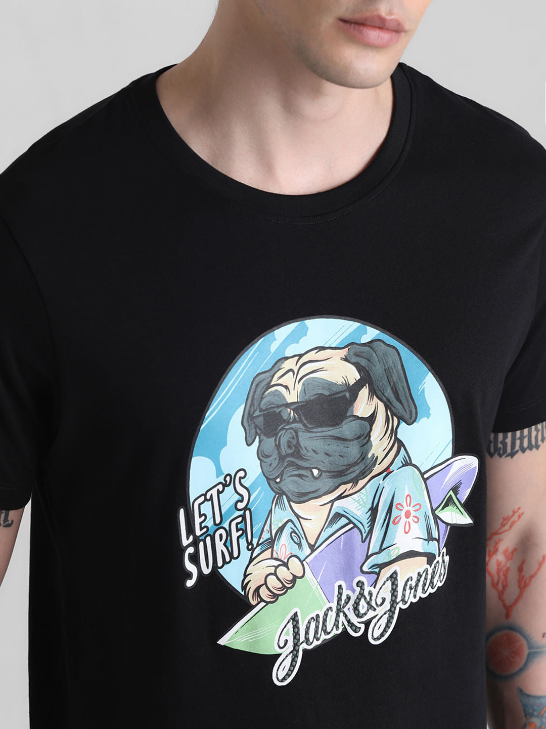 Black Doggo Print Crew Neck T-shirt