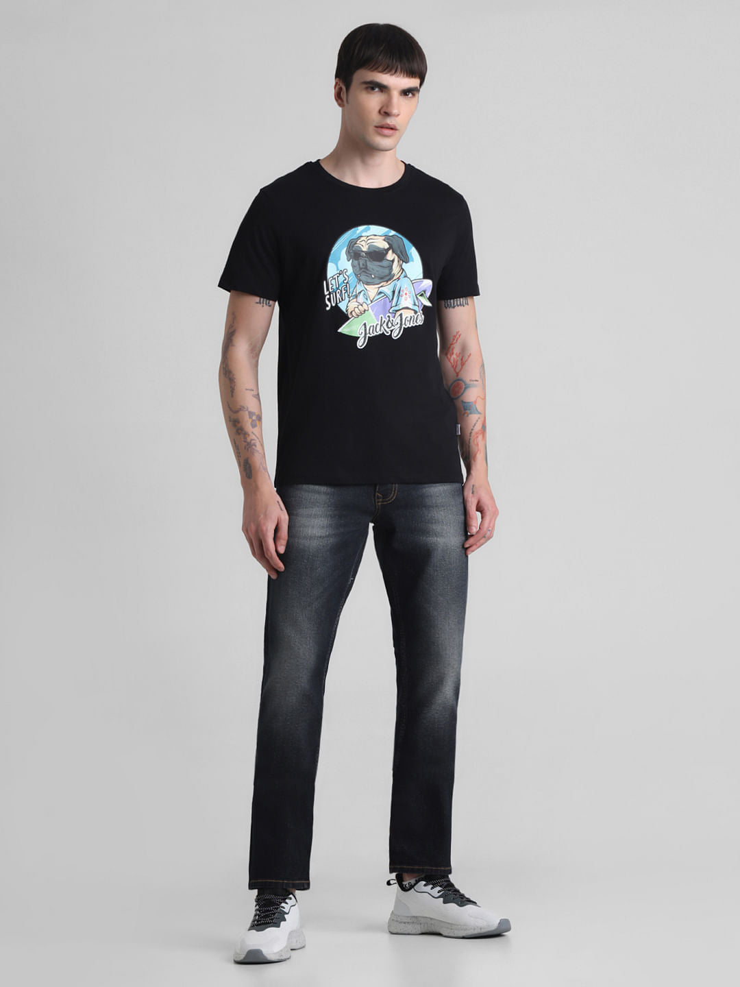 Black Doggo Print Crew Neck T-shirt