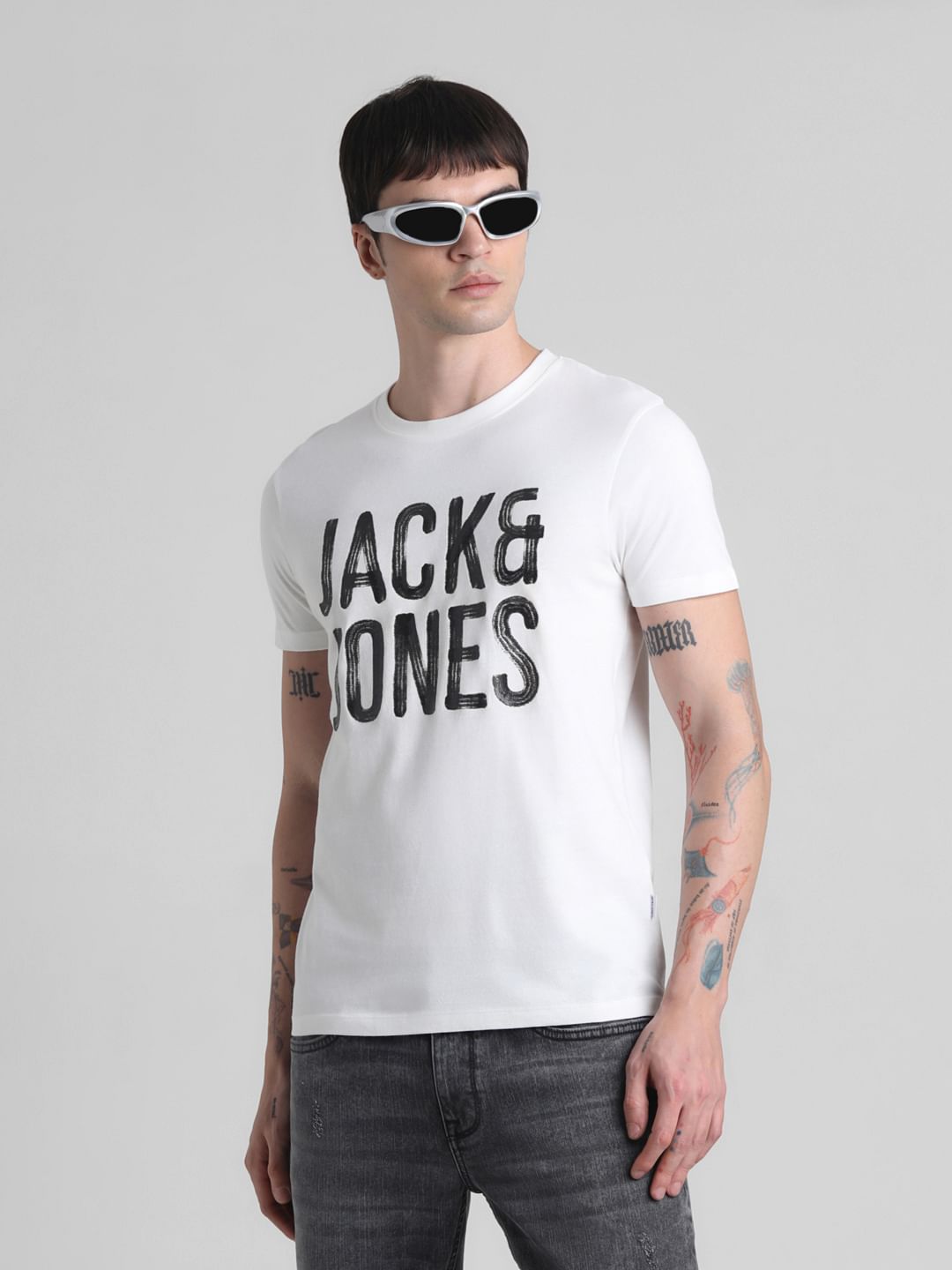 White Logo Print Crew Neck T-shirt - S