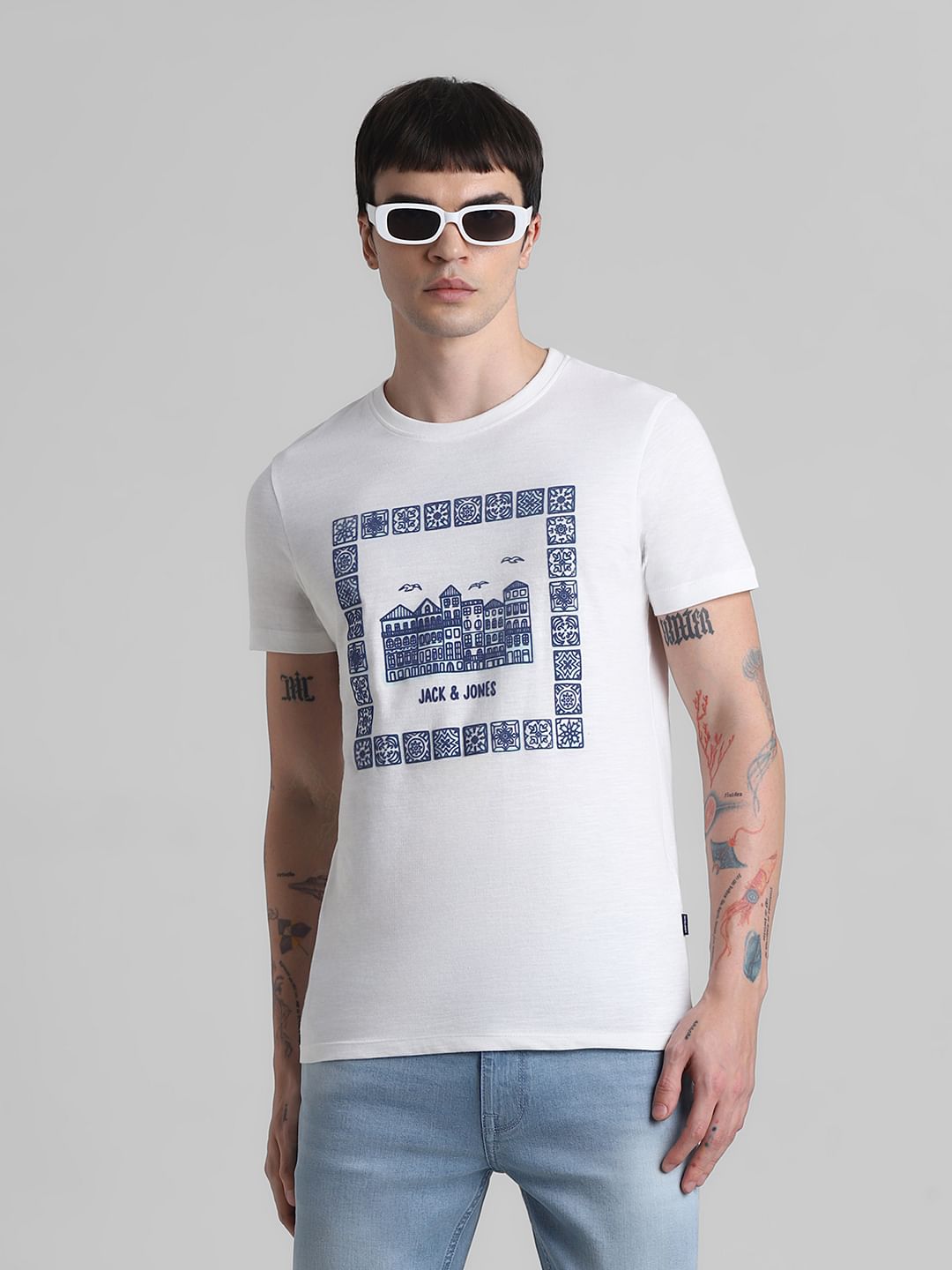 White Printed Crew Neck T-shirt - M