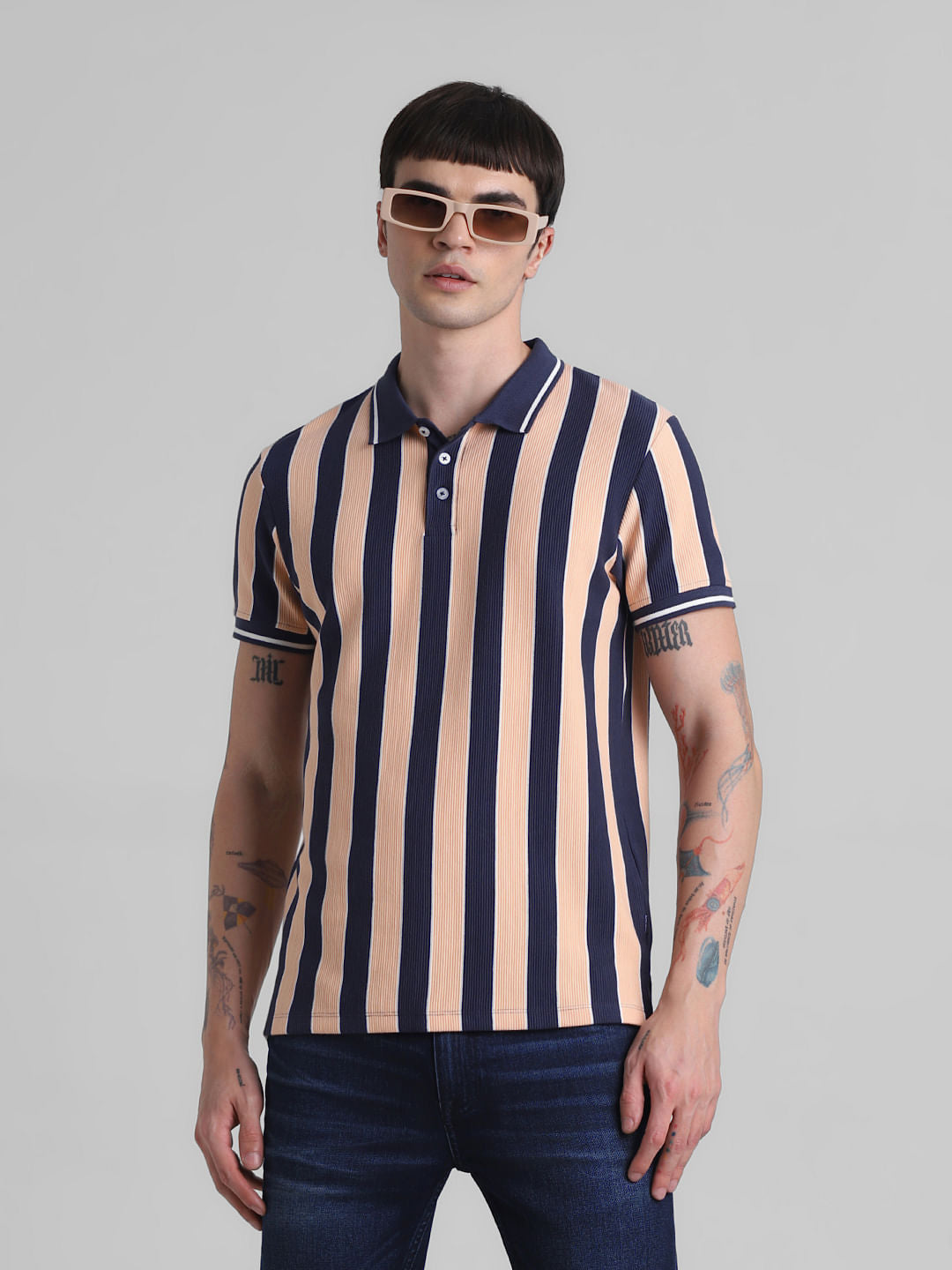 Peach Striped Polo T-shirt - S