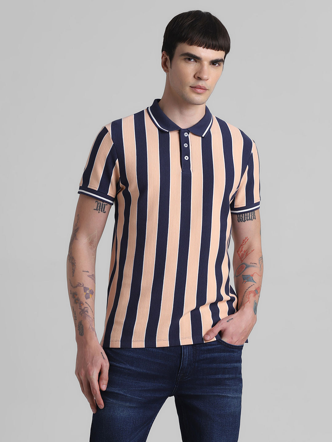 Peach Striped Polo T-shirt