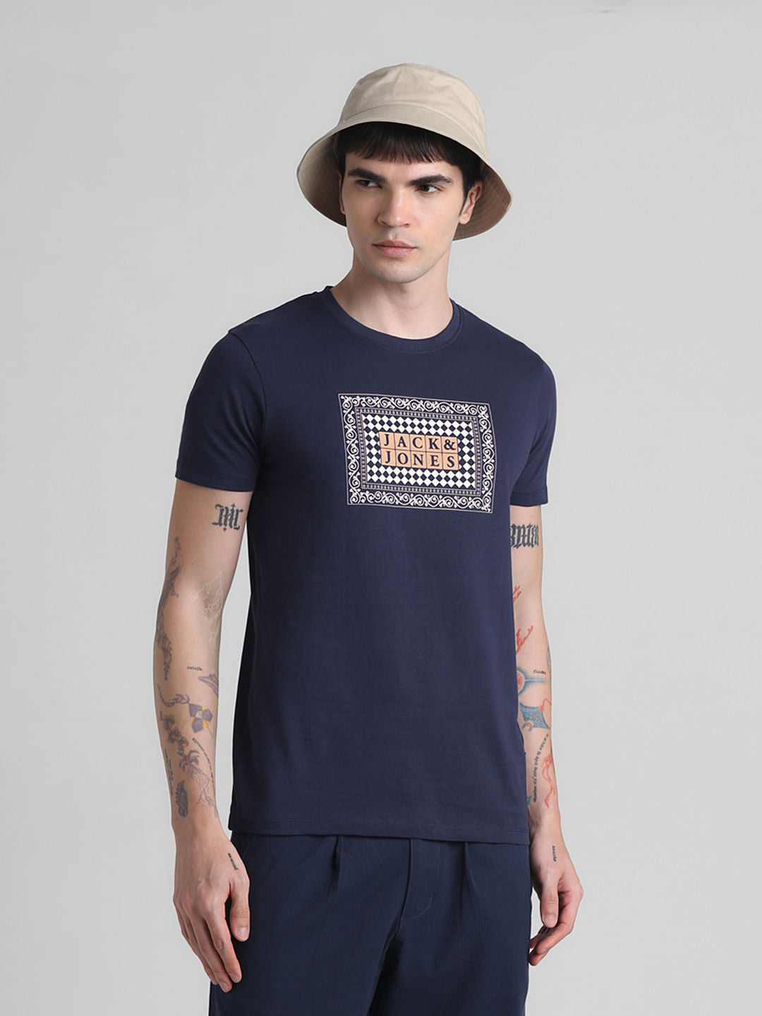 Blue Printed Crew Neck T-shirt
