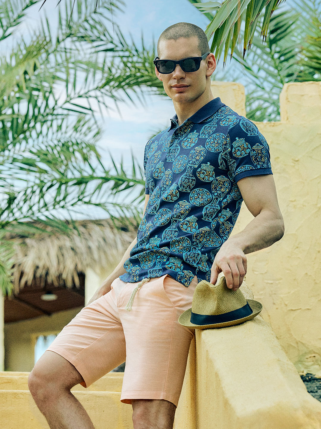 Blue Printed Polo T-shirt - S