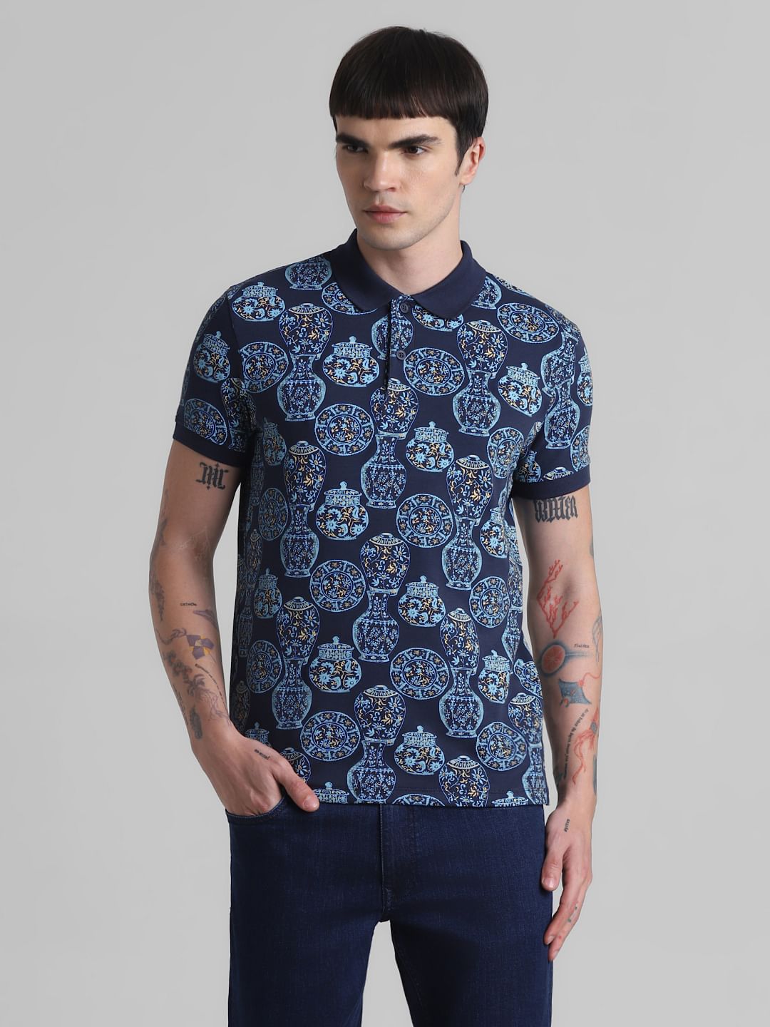 Blue Printed Polo T-shirt