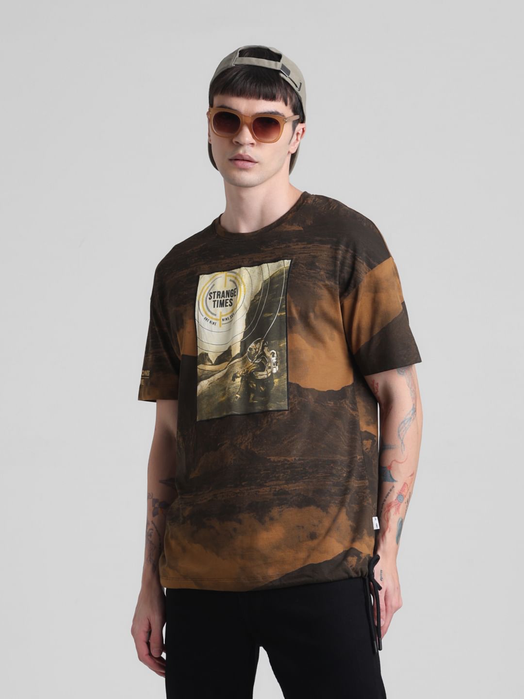 Brown Printed Oversized Crew Neck T-shirt