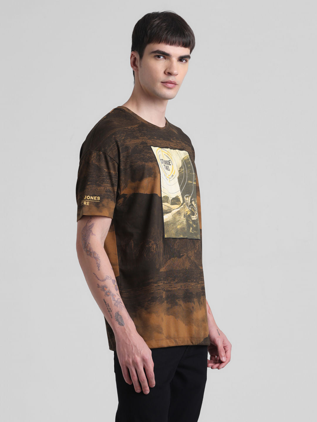 Brown Printed Oversized Crew Neck T-shirt