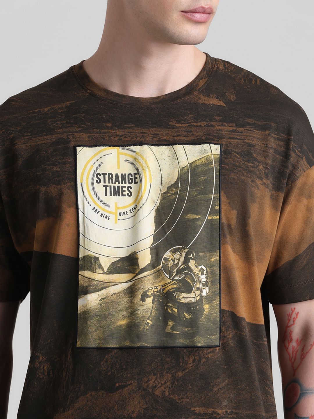 Brown Printed Oversized Crew Neck T-shirt