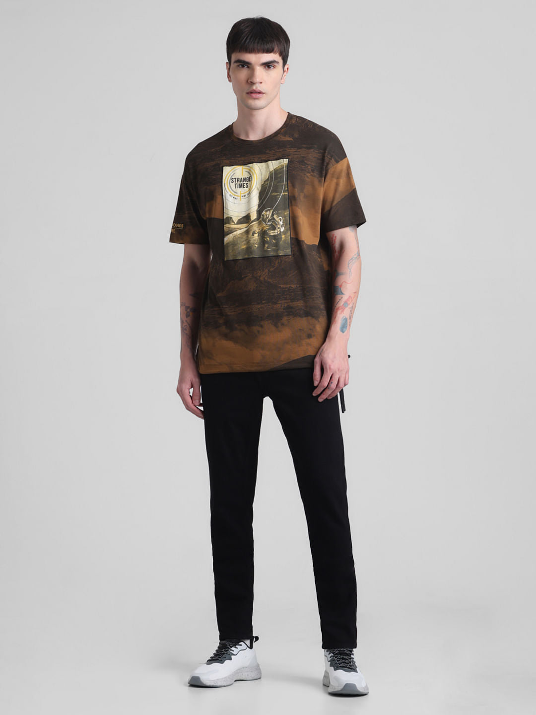 Brown Printed Oversized Crew Neck T-shirt