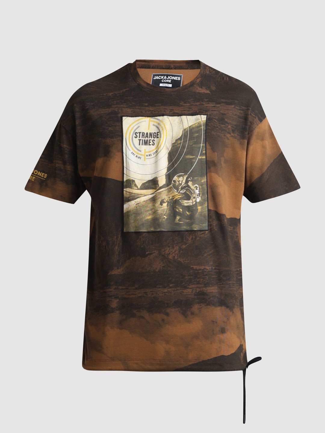 Brown Printed Oversized Crew Neck T-shirt