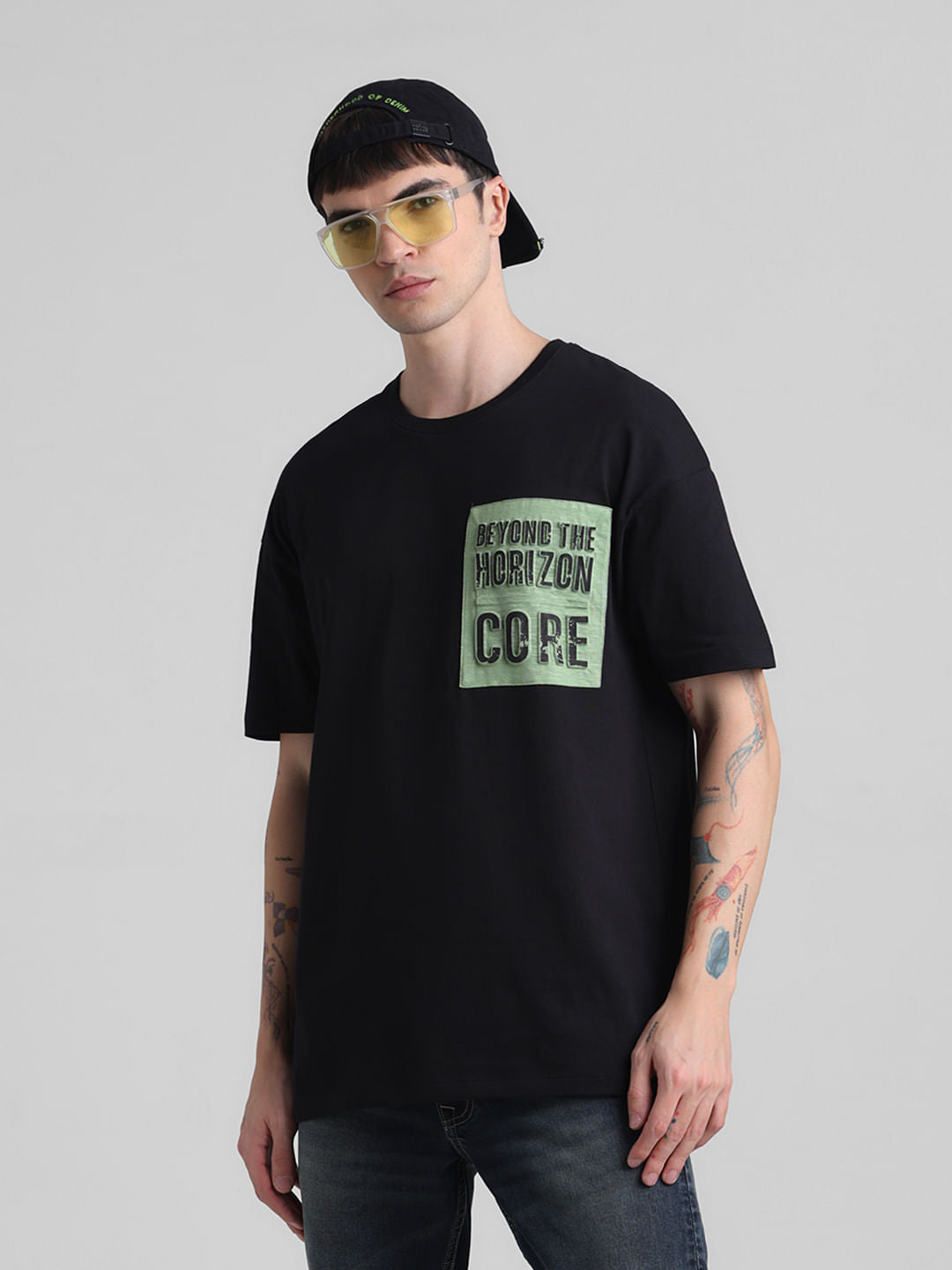 Black Applique Print Oversized Crew Neck T-shirt - S