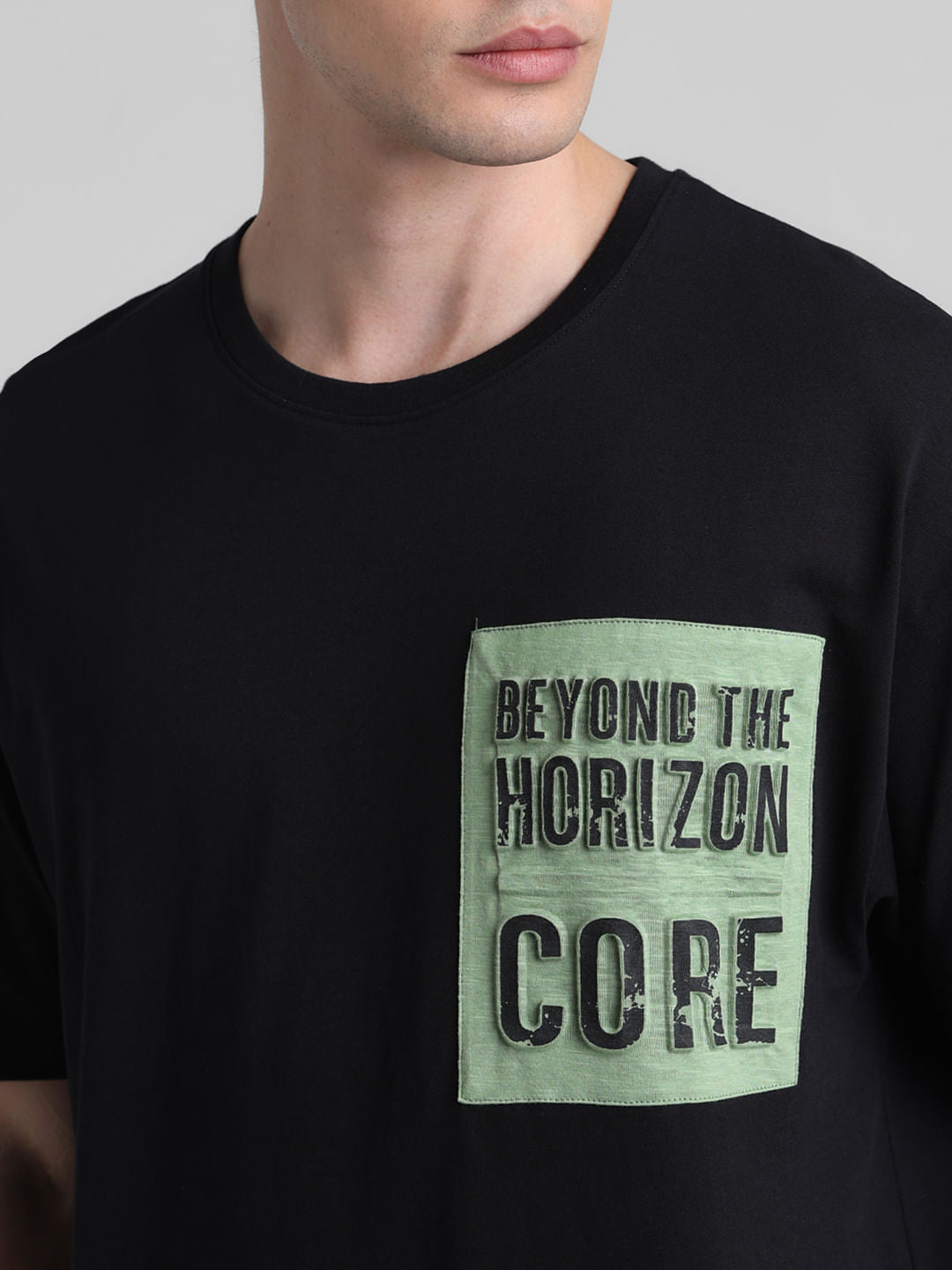 Black Applique Print Oversized Crew Neck T-shirt