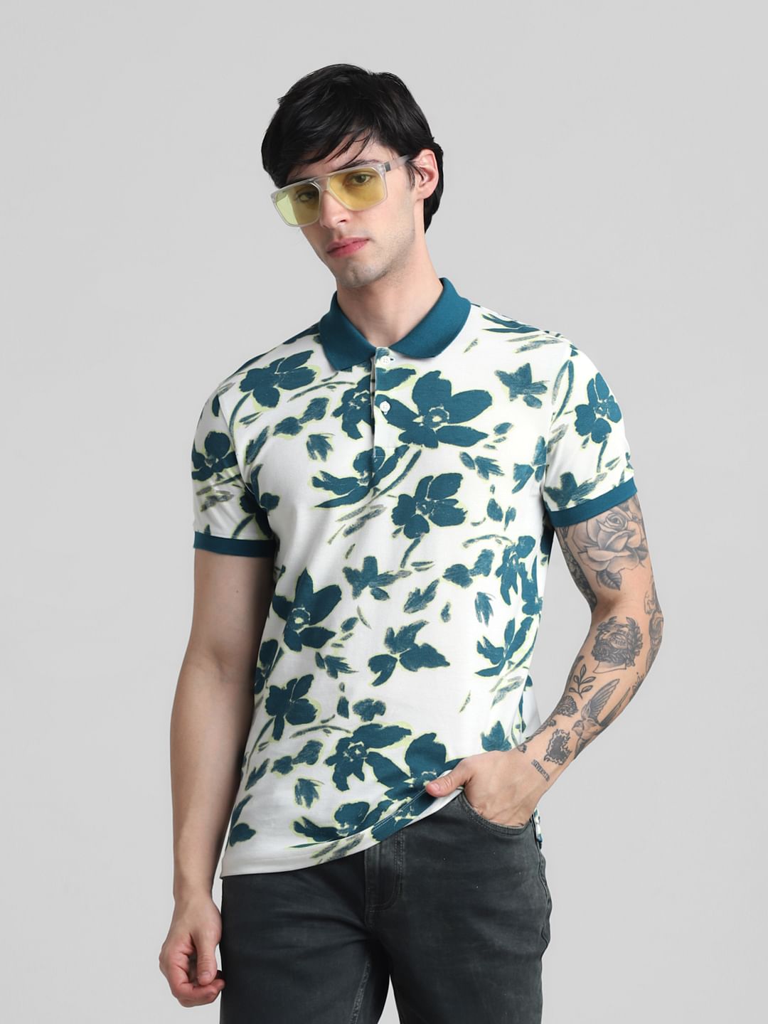 White Floral Print Polo T-Shirt - M