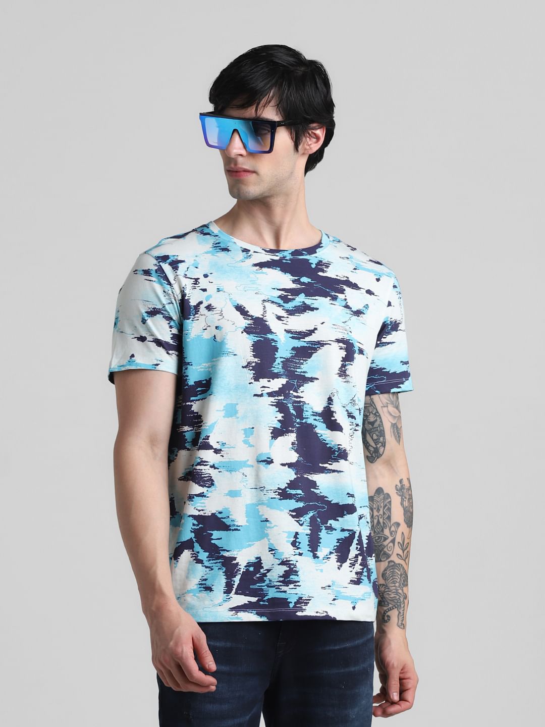 Blue Printed Crew Neck T-Shirt