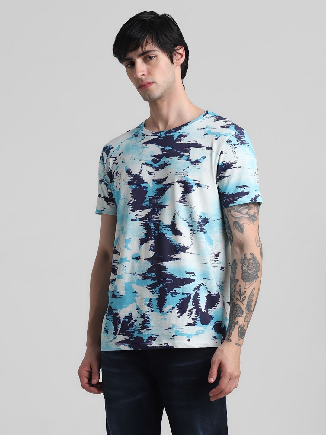 Blue Printed Crew Neck T-Shirt