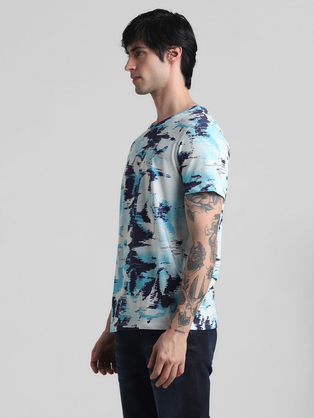 Blue Printed Crew Neck T-Shirt