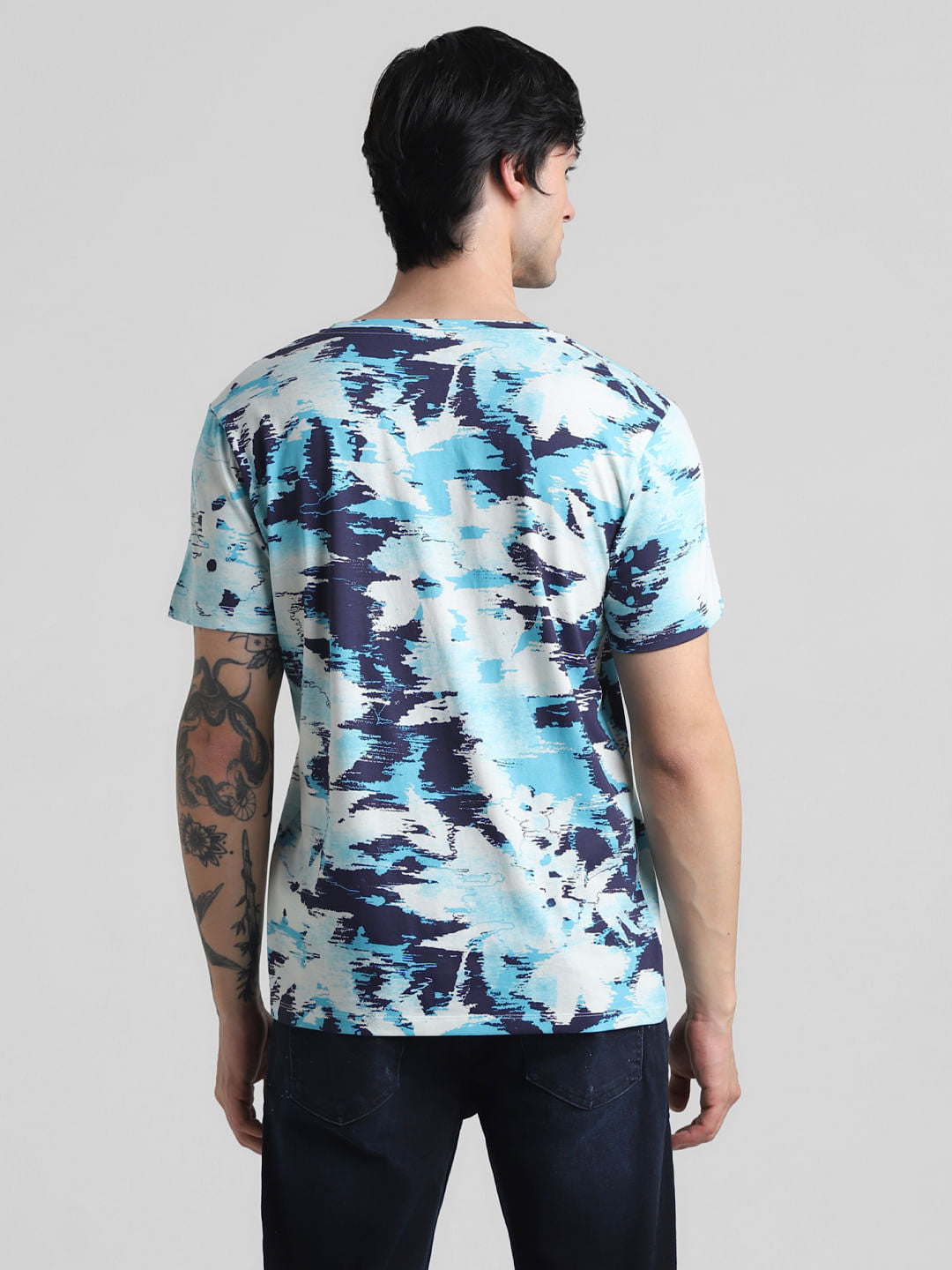 Blue Printed Crew Neck T-Shirt