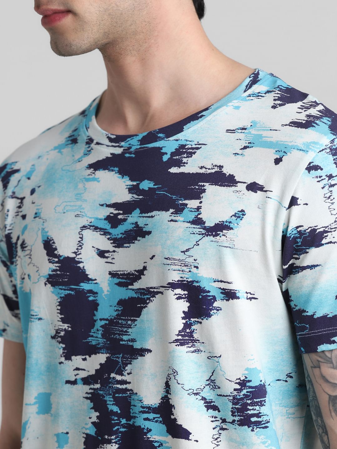Blue Printed Crew Neck T-Shirt