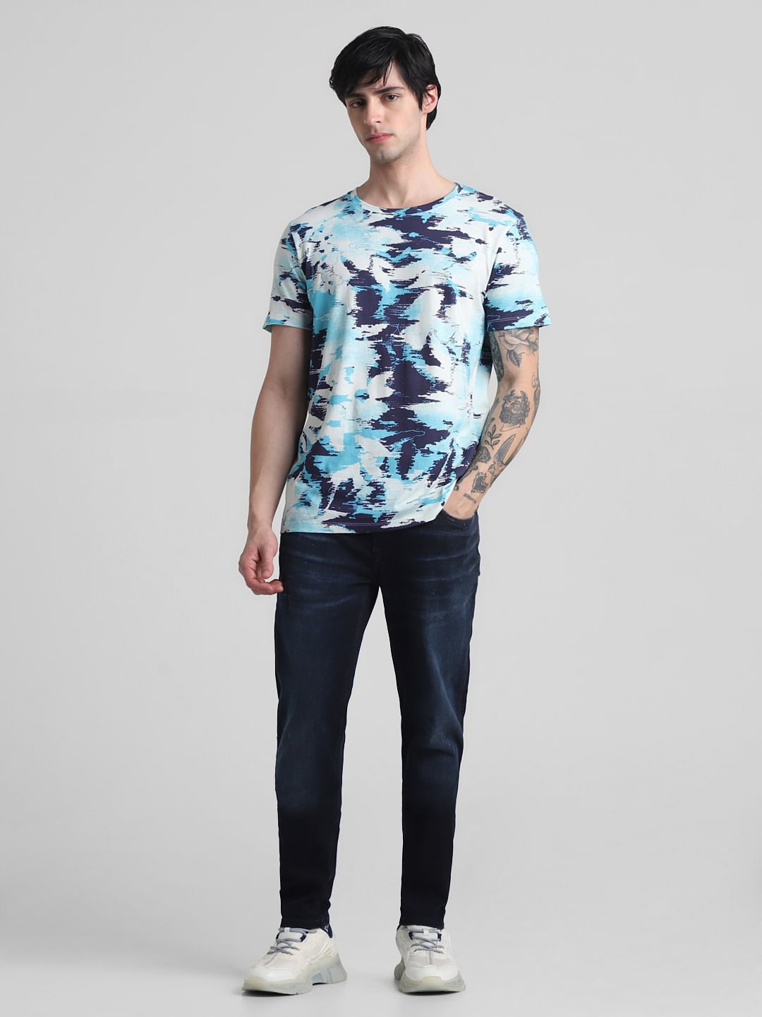Blue Printed Crew Neck T-Shirt