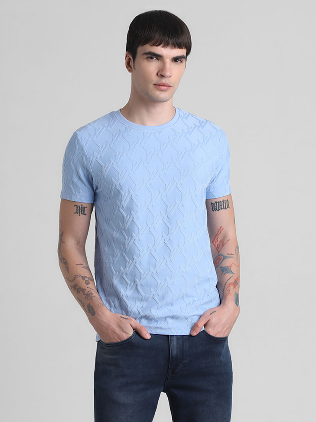 Blue Jacquard Crew Neck T-shirt