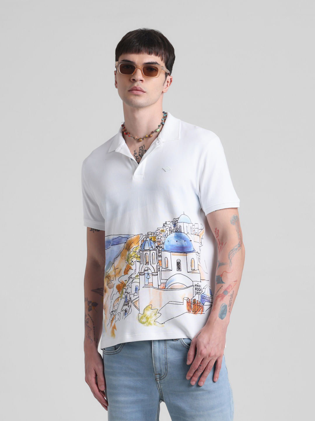 White Greece Print Polo T-shirt - S