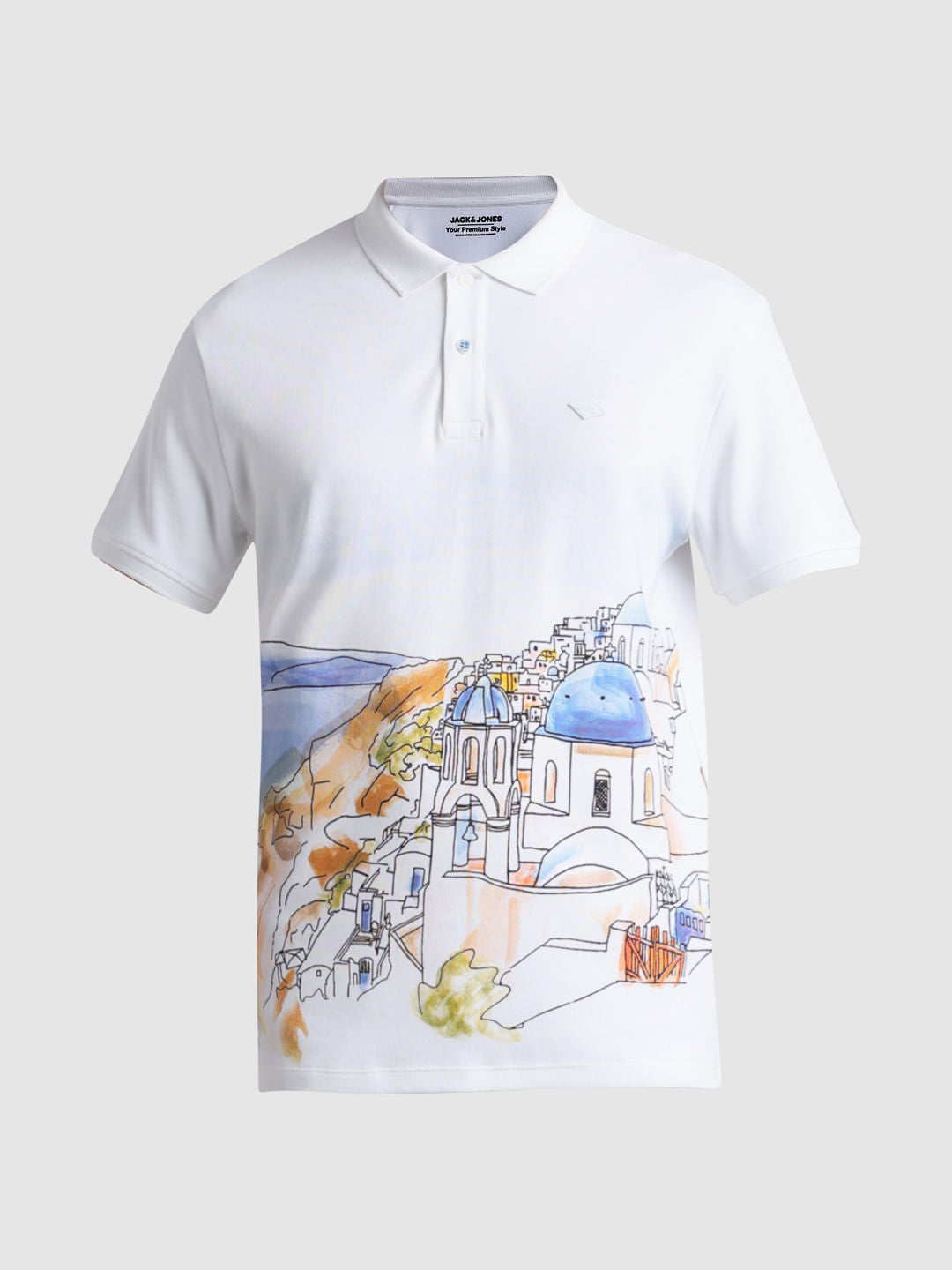 White Greece Print Polo T-shirt