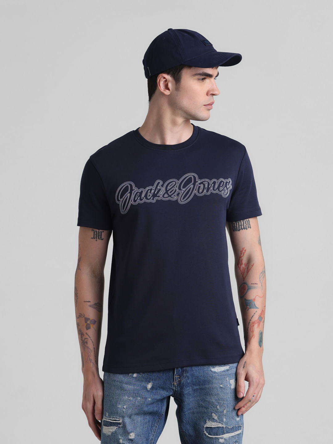 Navy Blue Logo Print Crew Neck T-shirt
