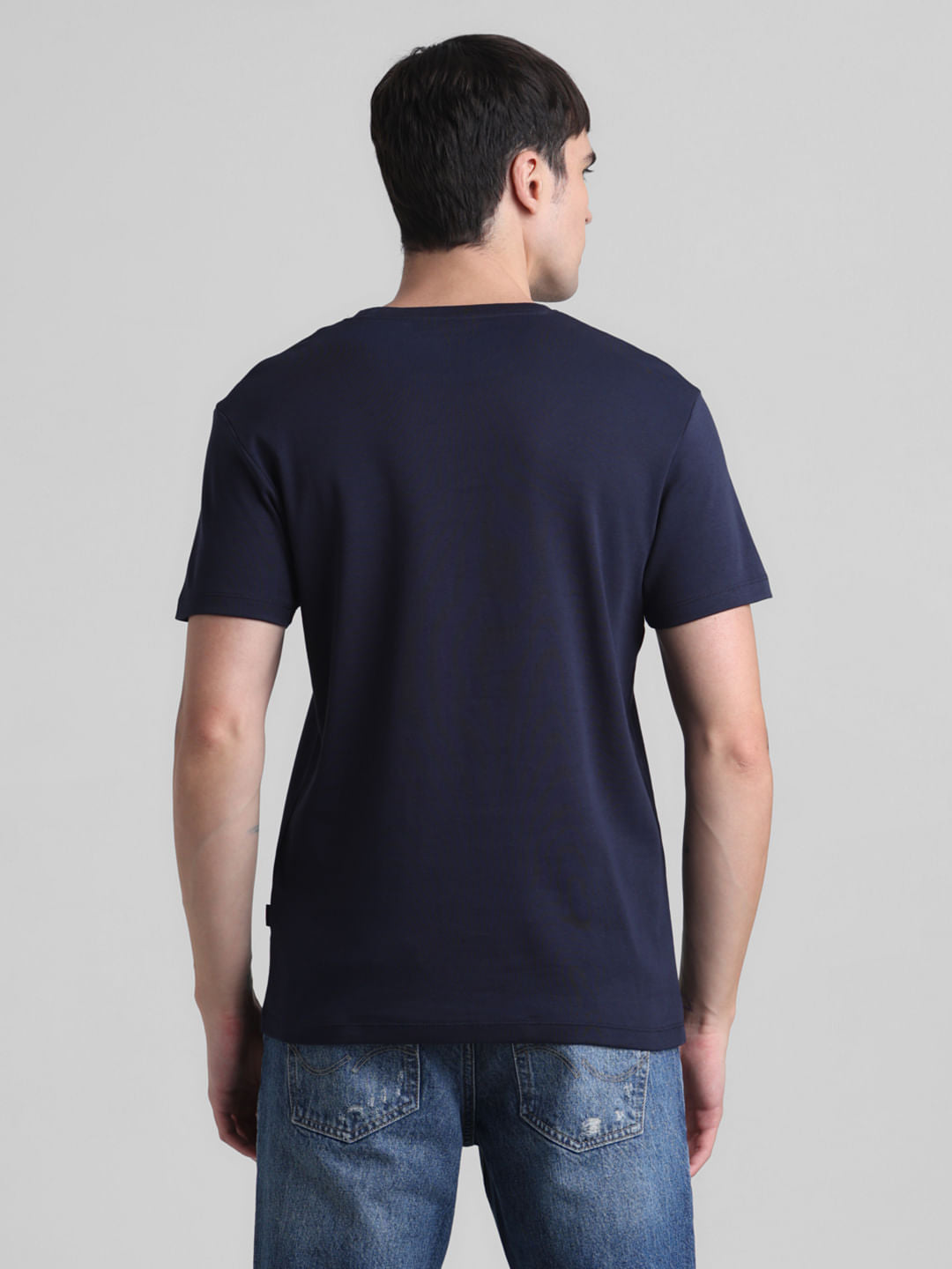 Navy Blue Logo Print Crew Neck T-shirt
