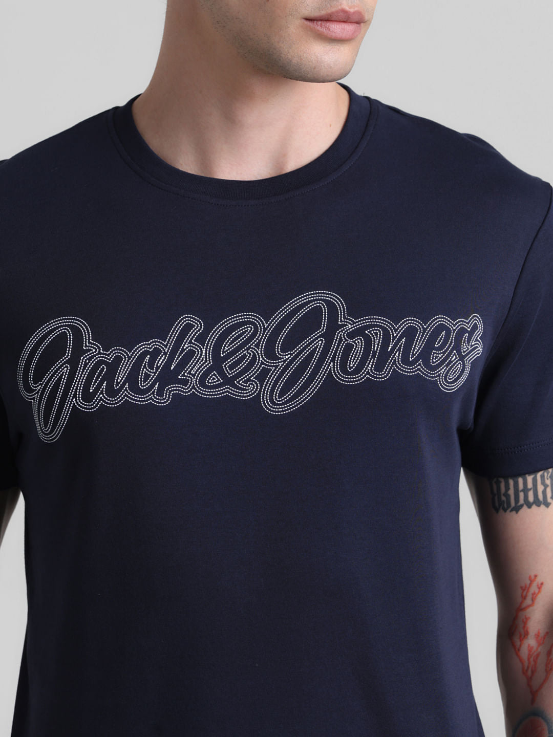 Navy Blue Logo Print Crew Neck T-shirt