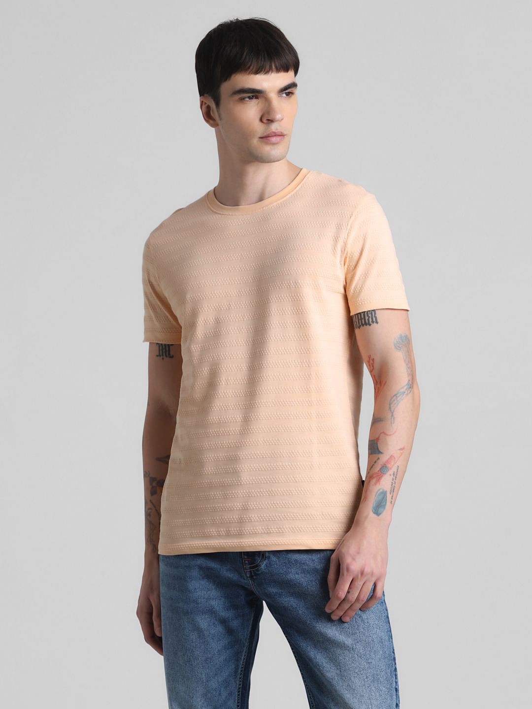 Peach Jacquard Crew Neck T-shirt