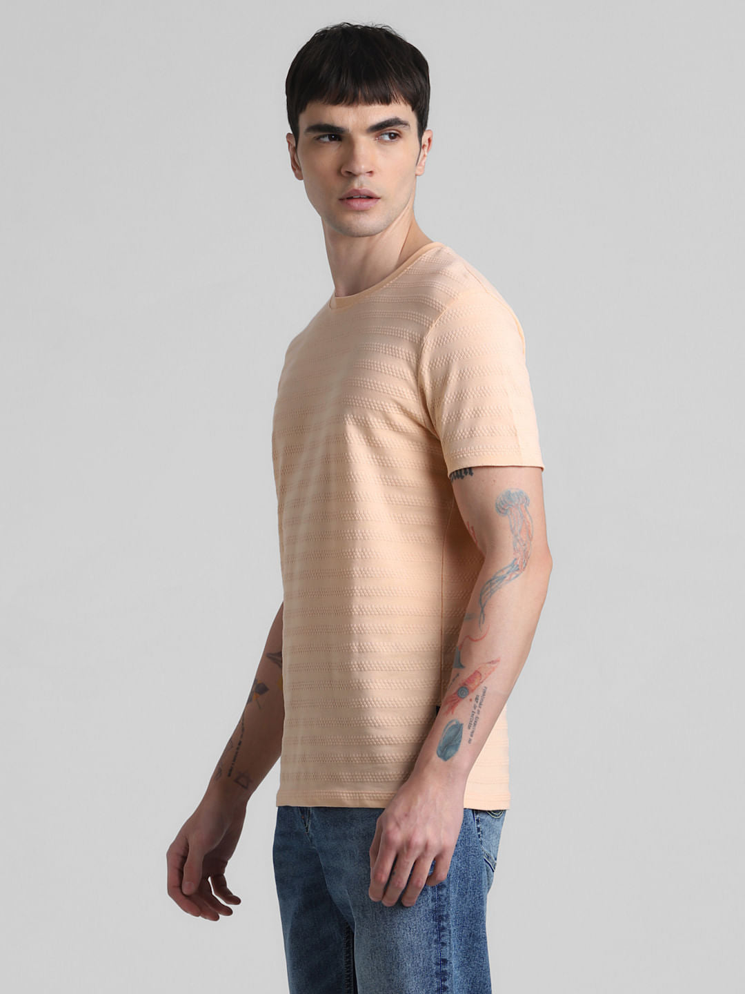 Peach Jacquard Crew Neck T-shirt