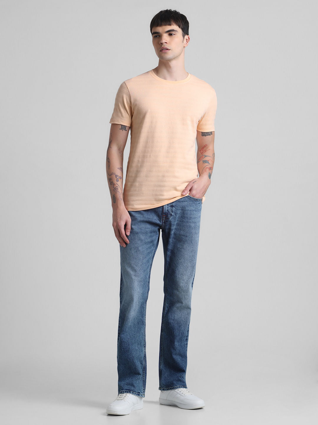Peach Jacquard Crew Neck T-shirt