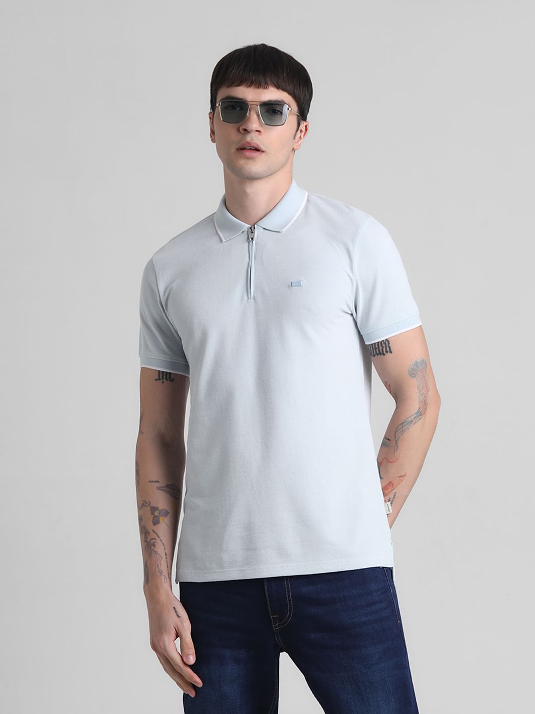 Light Blue Zip Detail Polo T-shirt