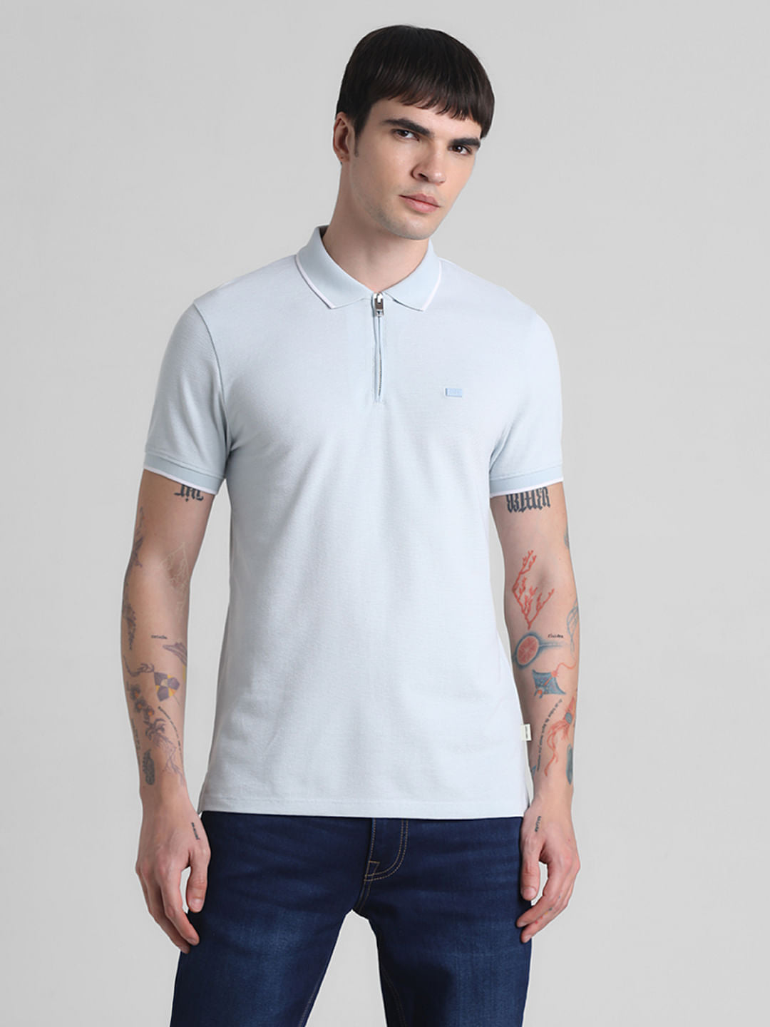 Light Blue Zip Detail Polo T-shirt