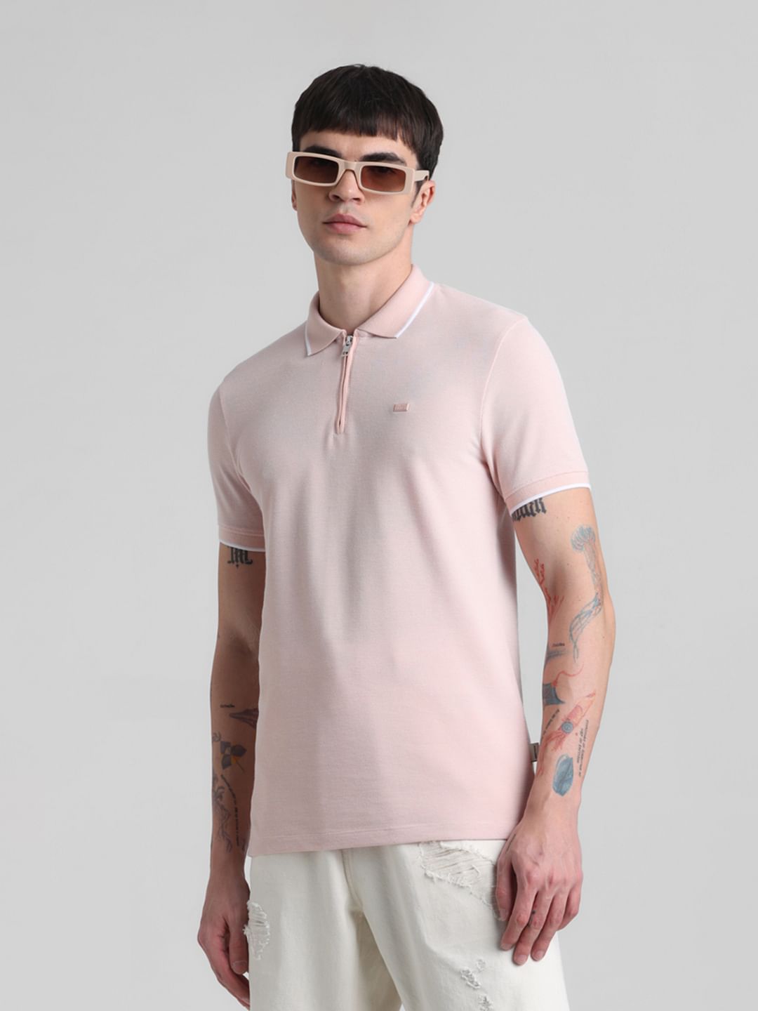 Peach Zip Detail Polo T-shirt - S