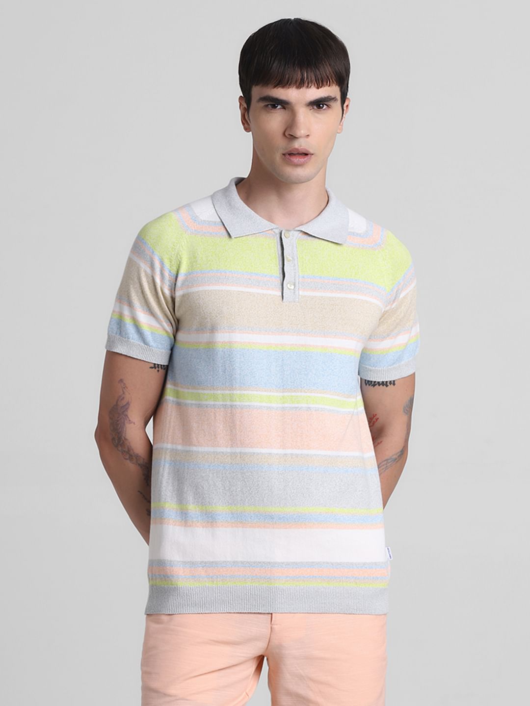 Green Colourblocked Knitted Polo T-shirt