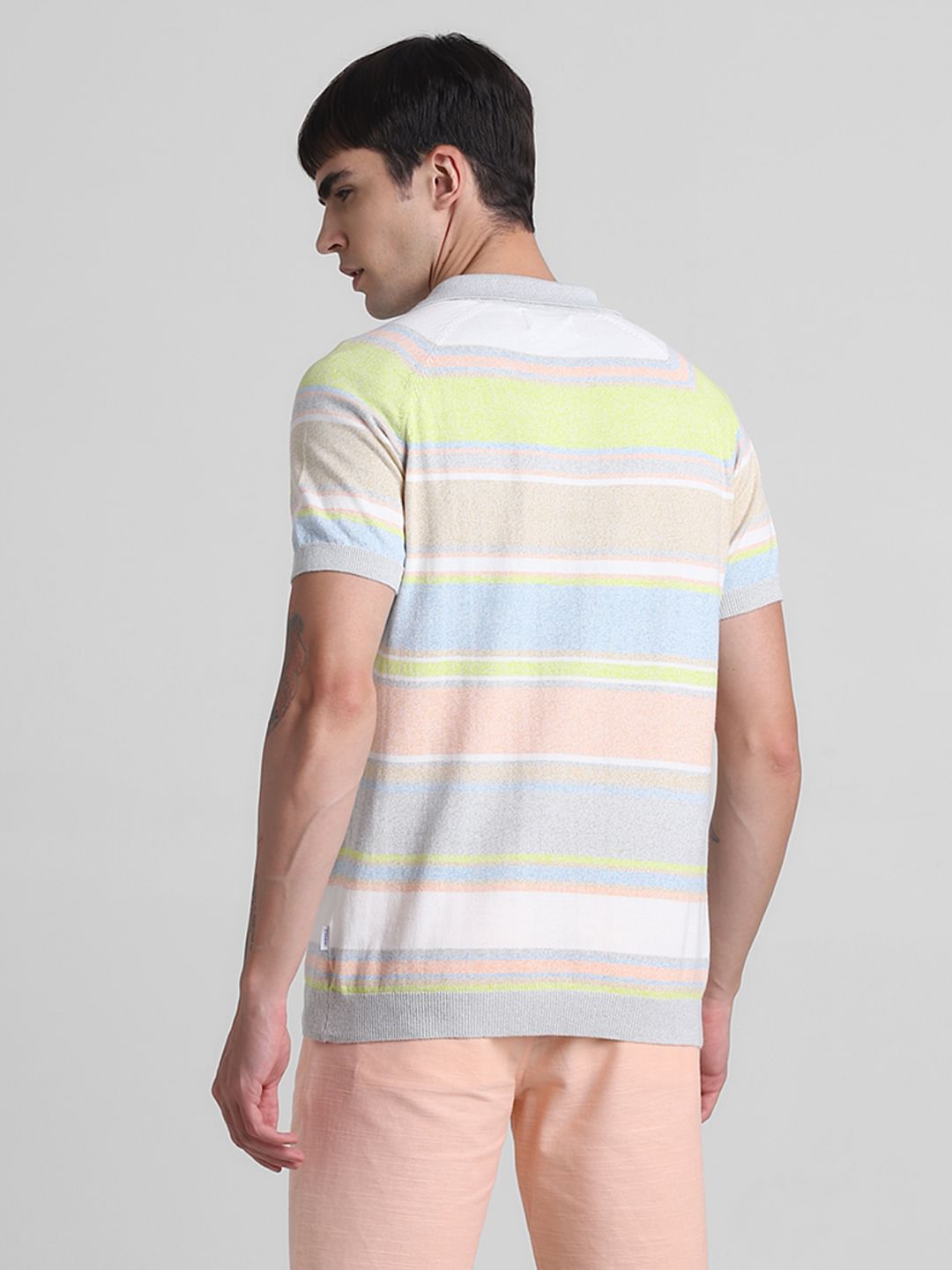 Green Colourblocked Knitted Polo T-shirt