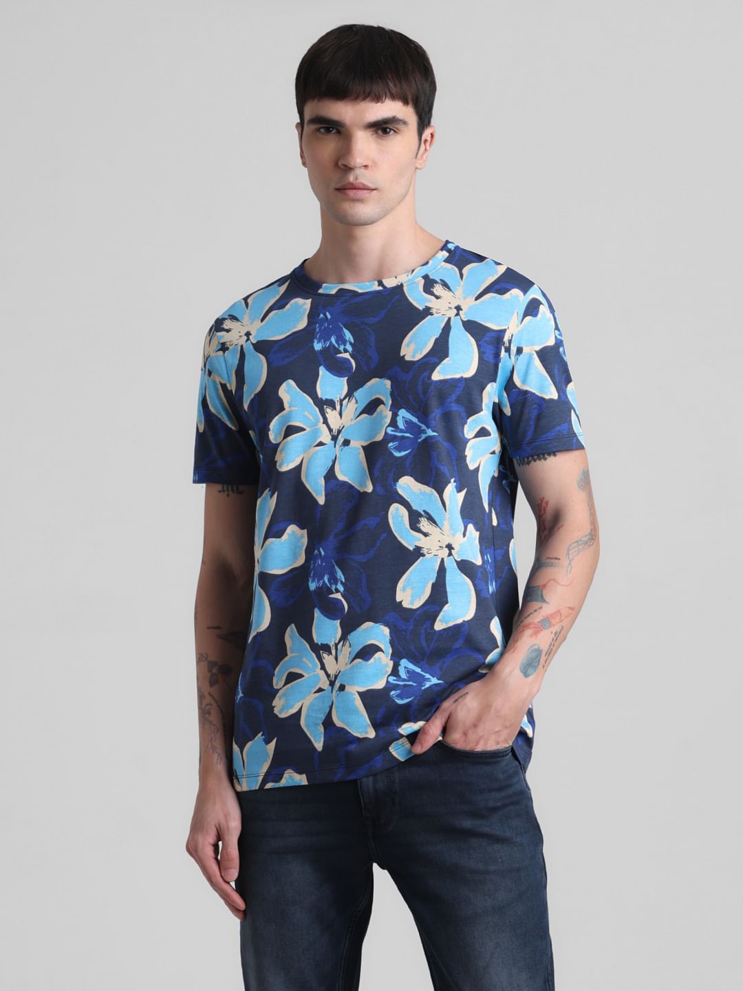 Blue Floral Crew Neck T-shirt