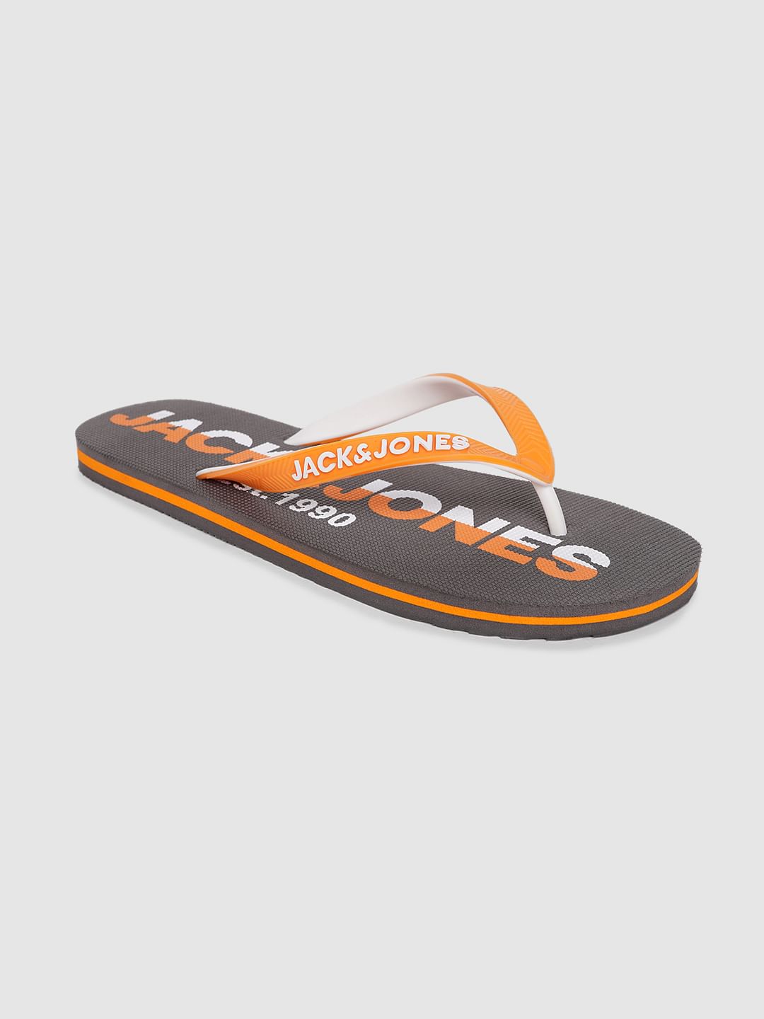 Grey & Orange Logo Print Flip Flops