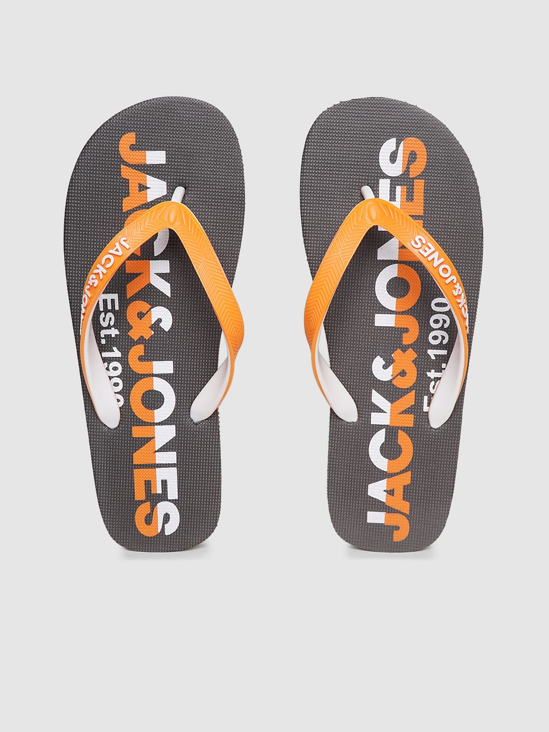Grey & Orange Logo Print Flip Flops