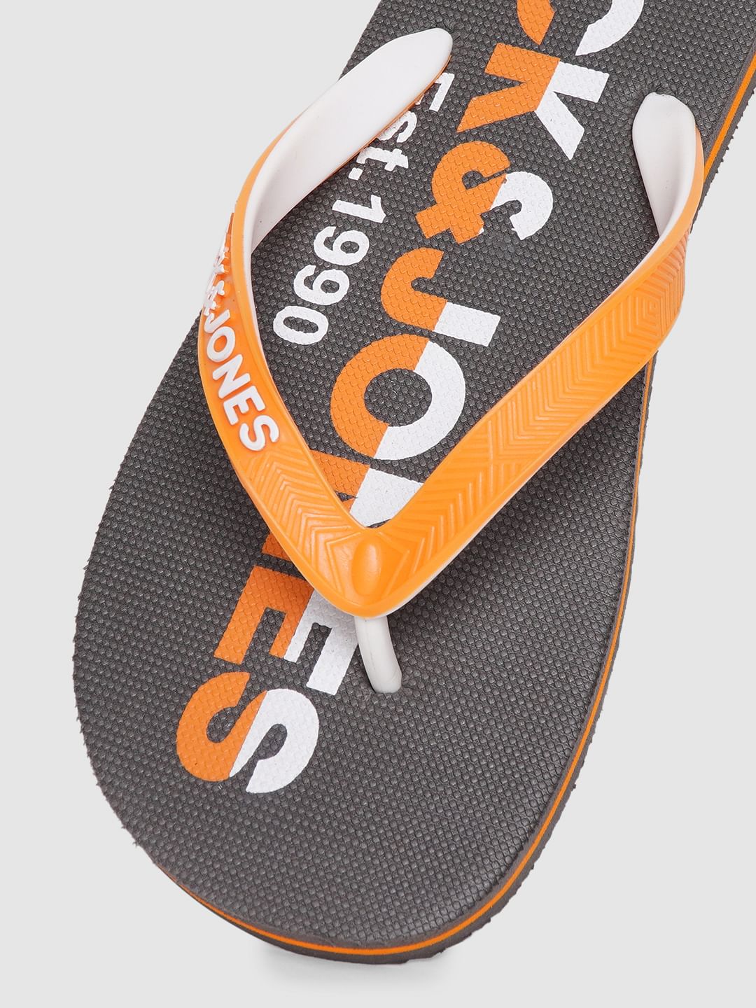 Grey & Orange Logo Print Flip Flops