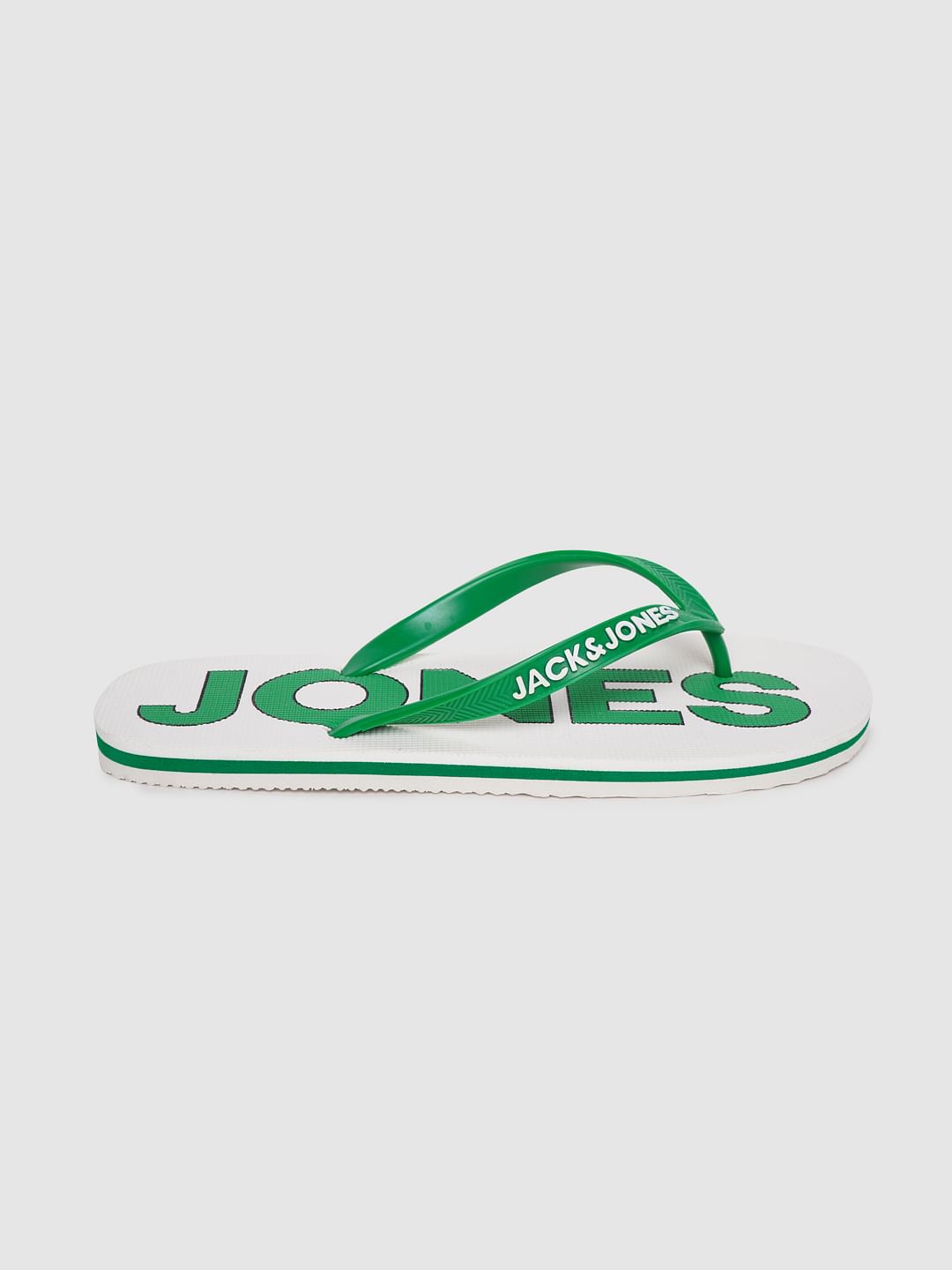 White & Green Logo Print Flip Flops