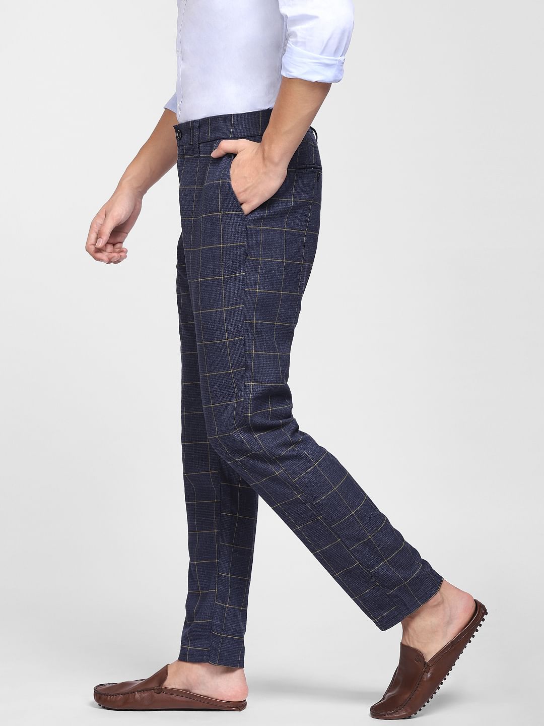 Navy Blue Mid Rise Check Trousers