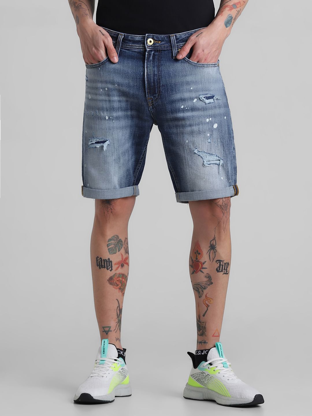 Blue Low Rise Distressed Denim Shorts
