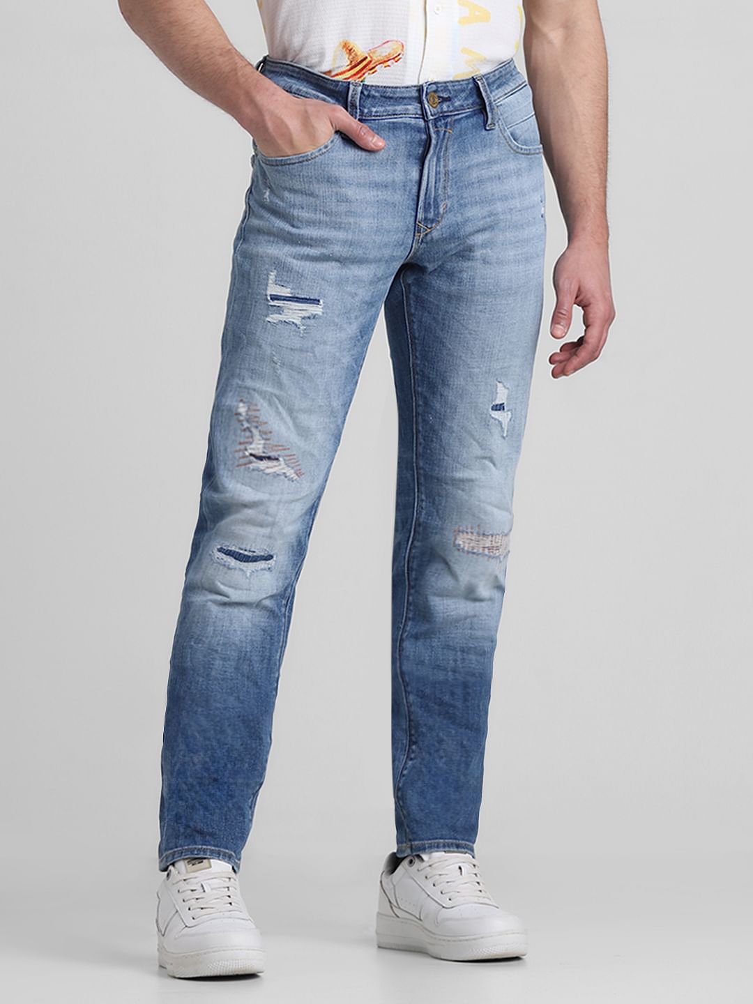 Light Blue Distressed Glenn Slim Fit Jeans - 36/34