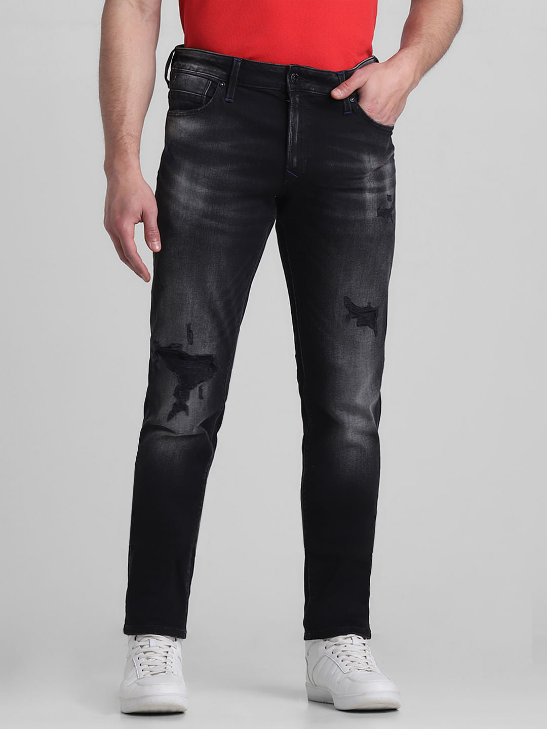 Black Low Rise Distressed Glenn Slim Jeans - 28/30