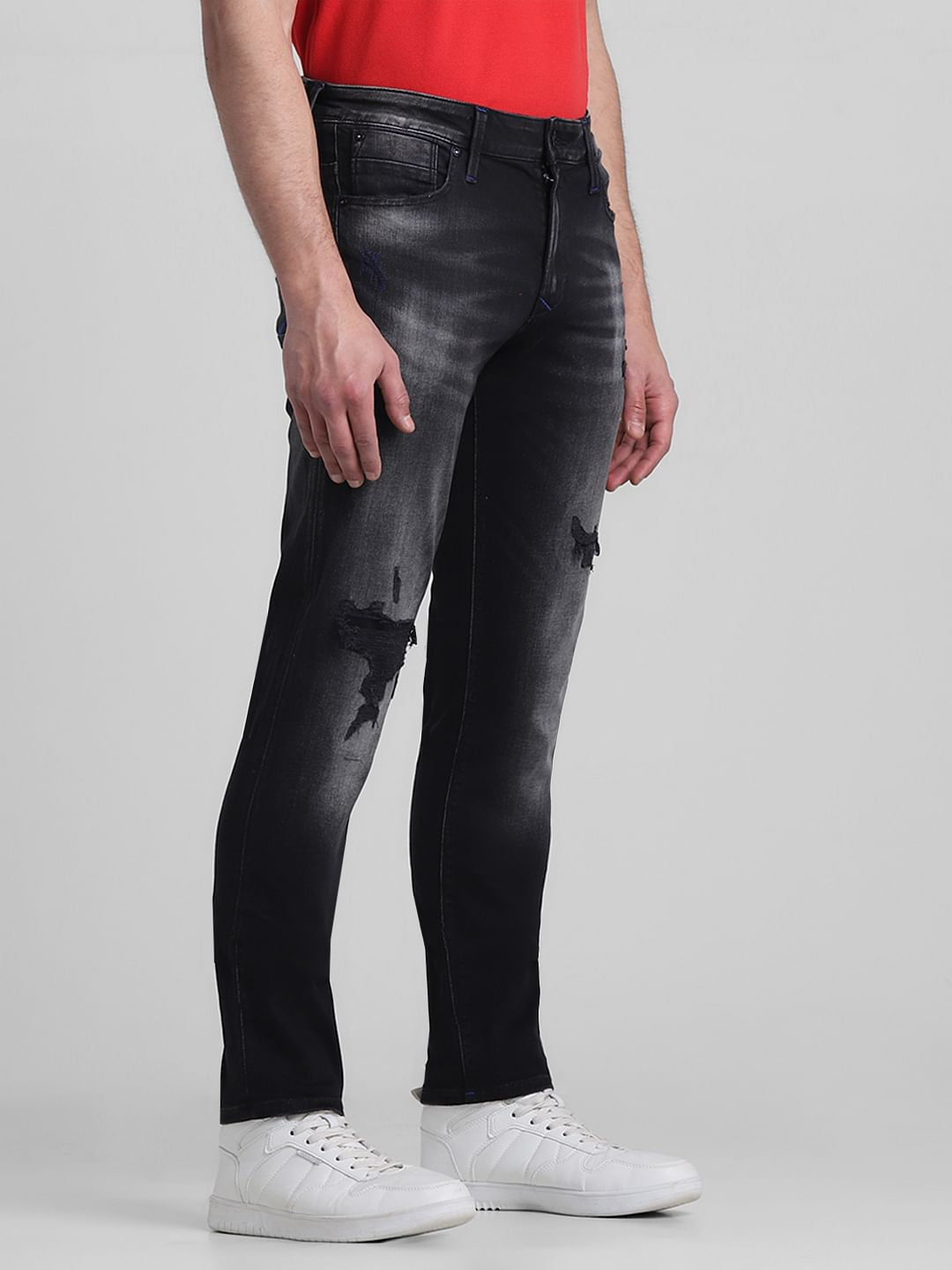 Black Low Rise Distressed Glenn Slim Jeans