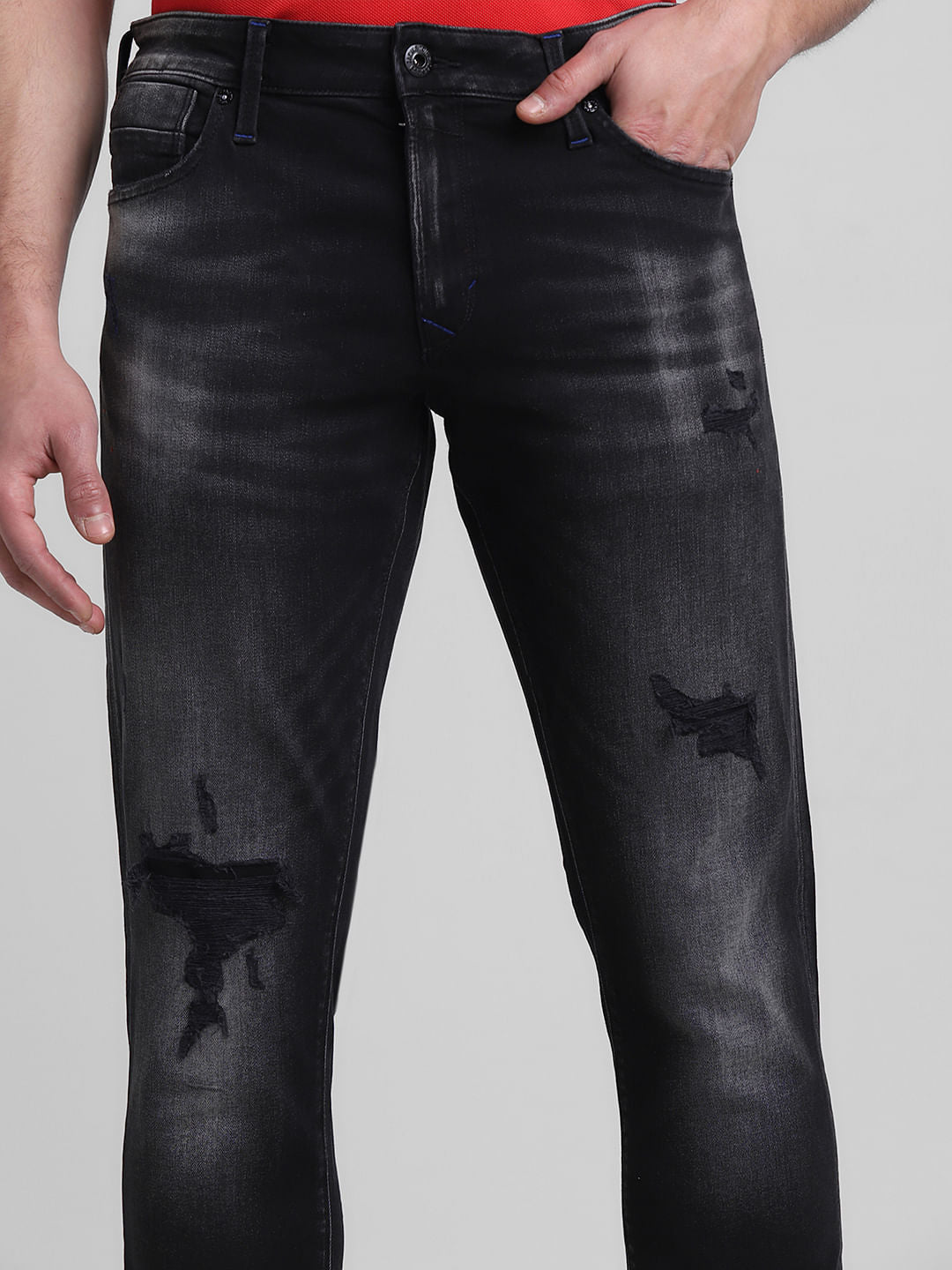 Black Low Rise Distressed Glenn Slim Jeans