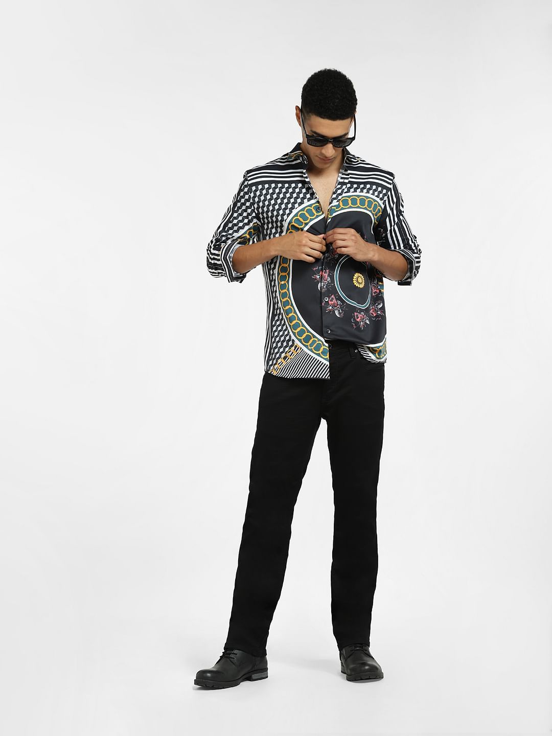 Black Abstract Print Full Sleeves Shirt - S